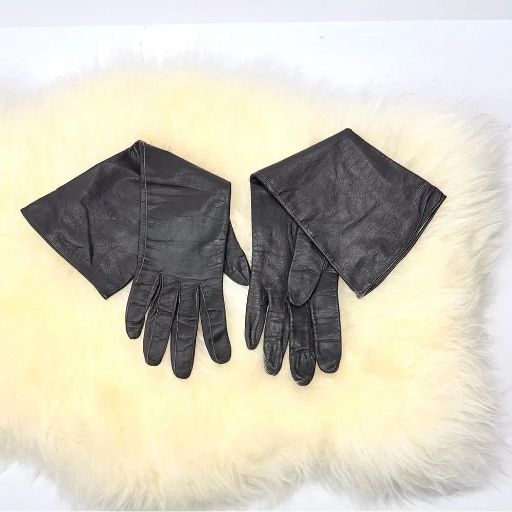 Vintage Long Washable Leather Gloves Dark Brown Silk Lining Made in France 7 1/2